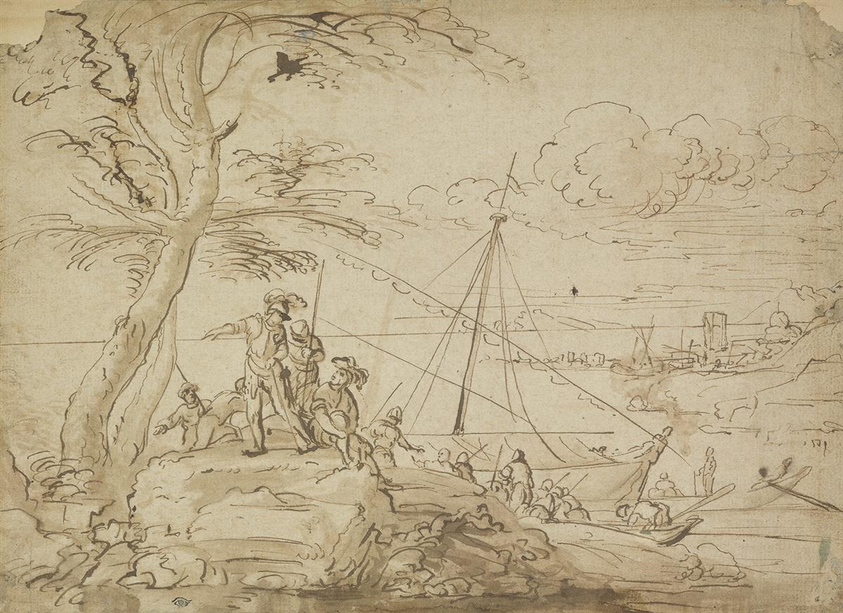 CARLO ANTONIO TAVELLA (ATTRIBUTED TO) (Milan 1668-1738 Genoa) A Maritime Scene with Sailors Making Landfall.